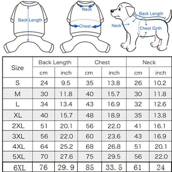 Diagrams and size chart showing measurements for a waterproof dog raincoat and hoodie.