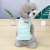 A fluffy gray puppy wearing a striped sleeveless vest with a tan label, sitting on a wooden table.
