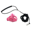 Pink parrot bird harness and leash set with a black strap and clip.