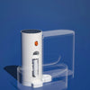 A white automatic pet drinking water dispenser is shown in a studio setting against a blue background.