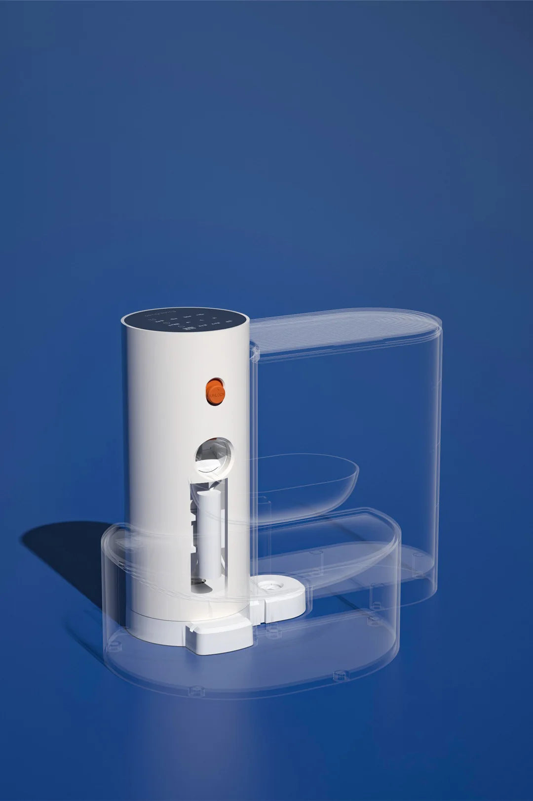 A white automatic pet drinking water dispenser is shown in a studio setting against a blue background.