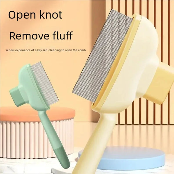 A yellow self-cleaning pet hair remover brush with an open knot feature is shown next to a green version.