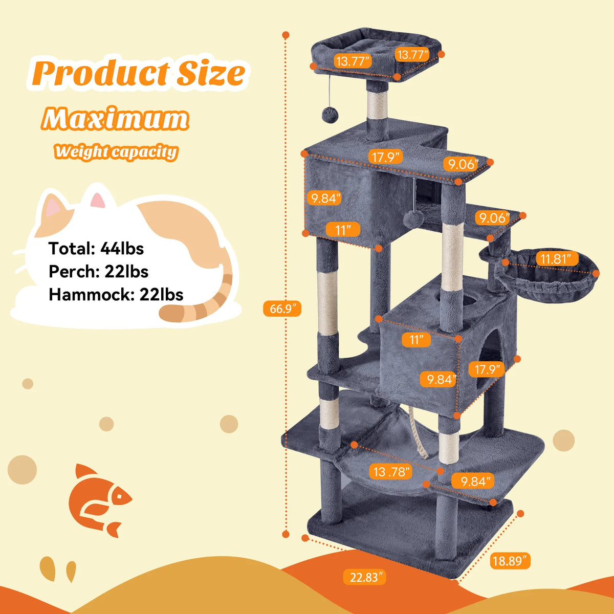 A multi-level cat climbing tree with sisal scratching posts showing various weight capacities and dimensions.
