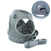 Gray adjustable mesh dog vest harness and leash set with a close-up view of the harness.