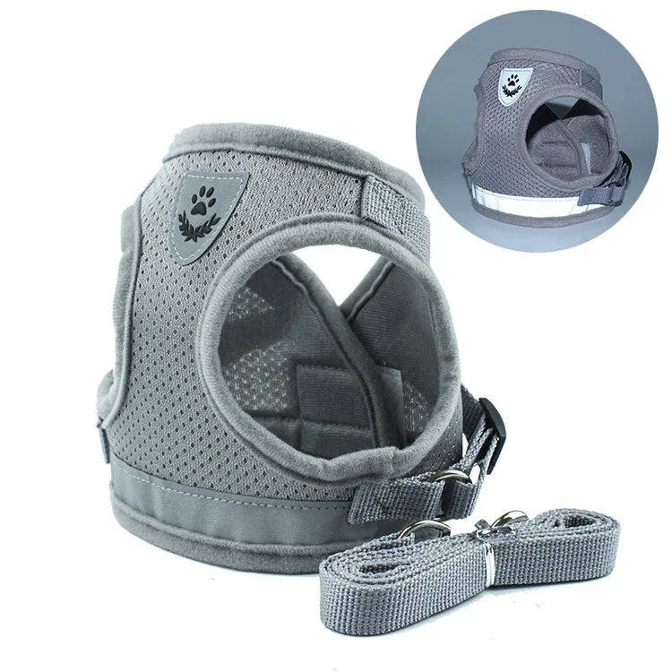 Gray adjustable mesh dog vest harness and leash set with a close-up view of the harness.