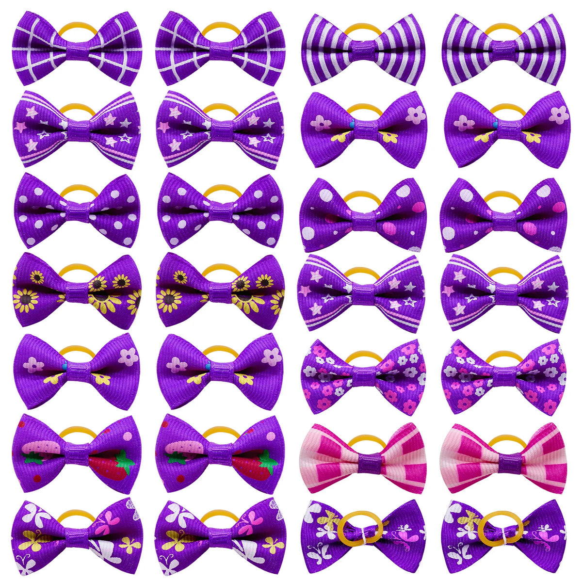 A collection of purple and pink pet hair bows with yellow rubber bands.