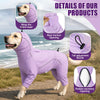 A purple waterproof pet raincoat for a dog, showing details like head wrapping and tail adjustment.