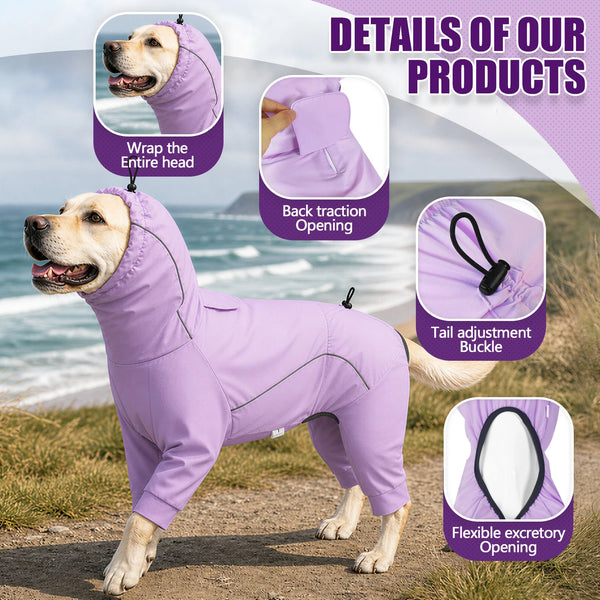 A purple waterproof pet raincoat for a dog, showing details like head wrapping and tail adjustment.