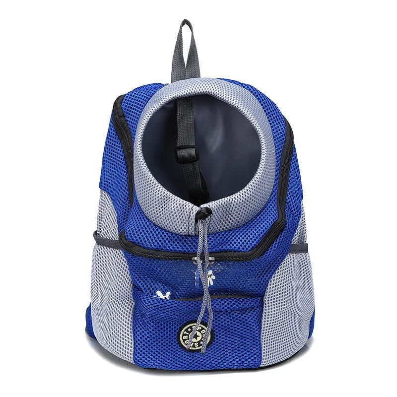 A blue and gray portable pet carrier backpack with a mesh lining and drawstring closure.