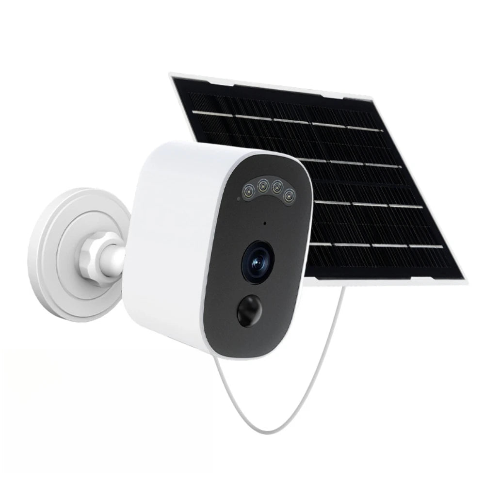 Caméra solaire blanche avec objectif et panneau solaire noir
