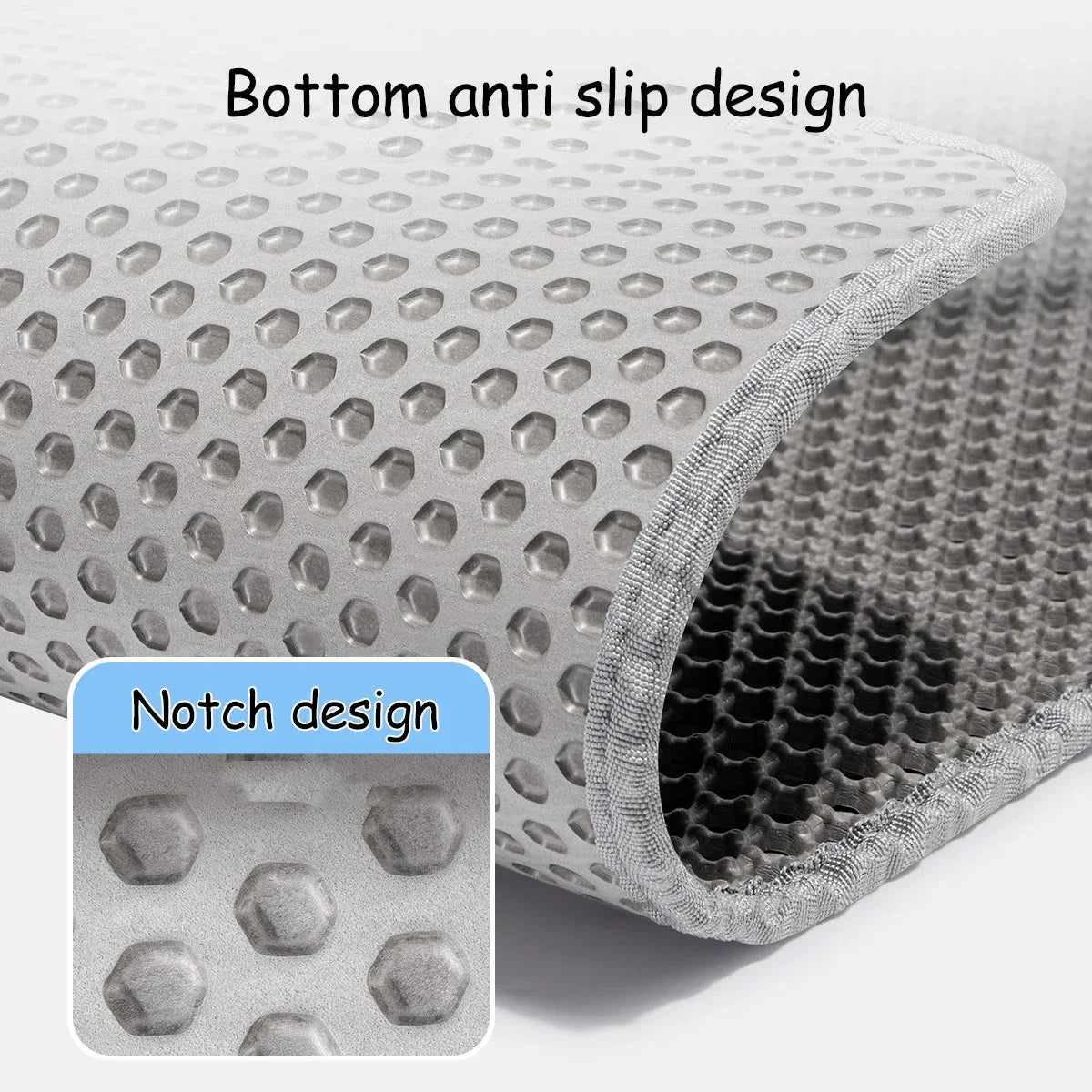 Close-up view of a gray honeycomb cat litter mat showing the bottom anti slip design and notch pattern.