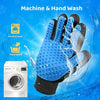 Blue pet grooming gloves shown for machine and hand washing with a washing machine visible.