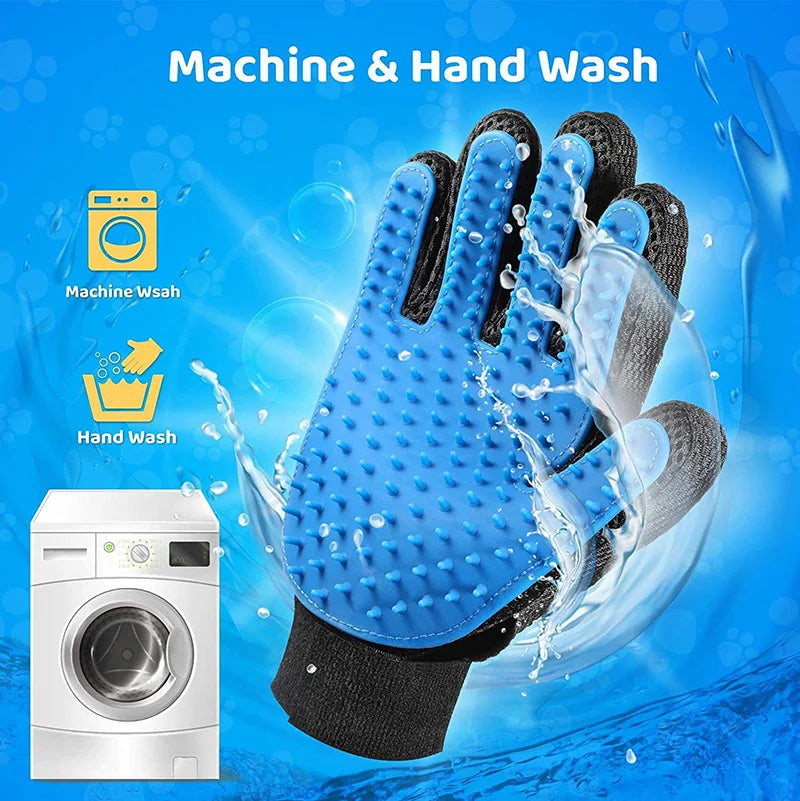 Blue pet grooming gloves shown for machine and hand washing with a washing machine visible.