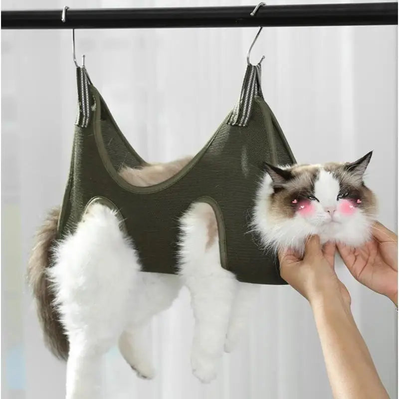 Ein flauschiger weißer und grauer Kater hängt an einem grünen Haustier-Grooming-Hängematte zum Nageln.