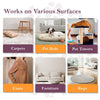 Un ensemble de brosses et outils de toilettage pour diverses surfaces : tapis, lits pour animaux, meubles, manteaux, et plus.