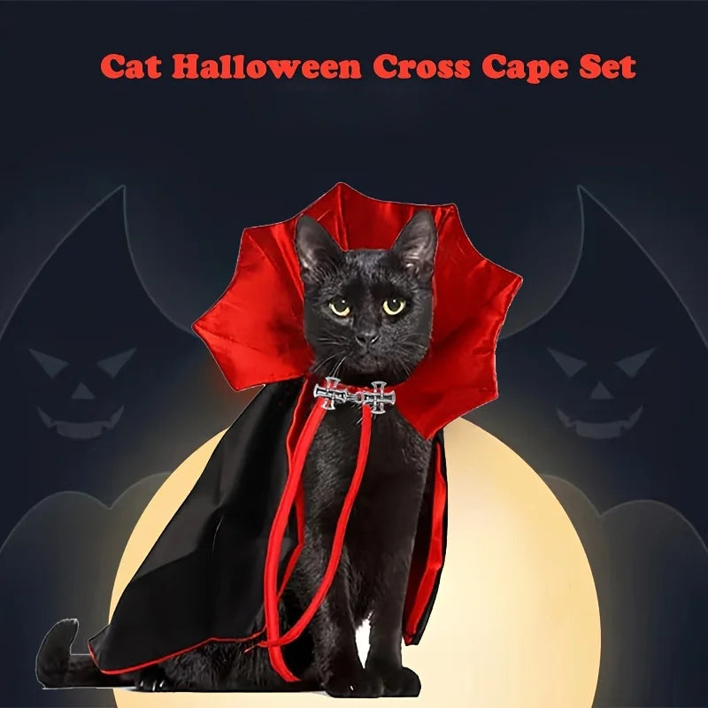 A black cat wearing a red cape and collar costume set for Halloween.