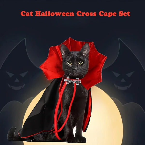 A black cat wearing a red cape and collar costume set for Halloween.