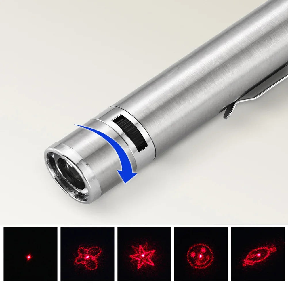 A silver laser pointer toy is shown with various light patterns emitted from the tip.