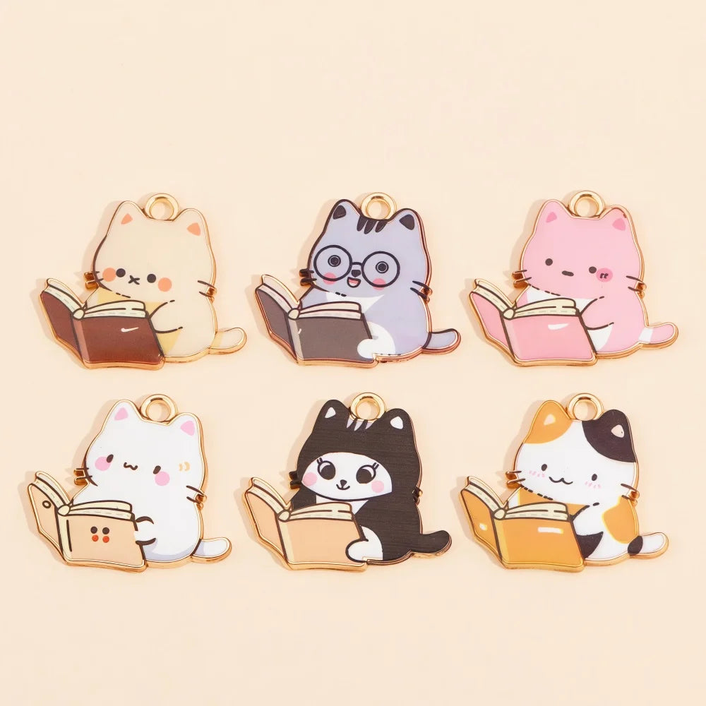 A set of colorful cat and animal pendant charms featuring cute cartoon cats and kittens for jewelry making.