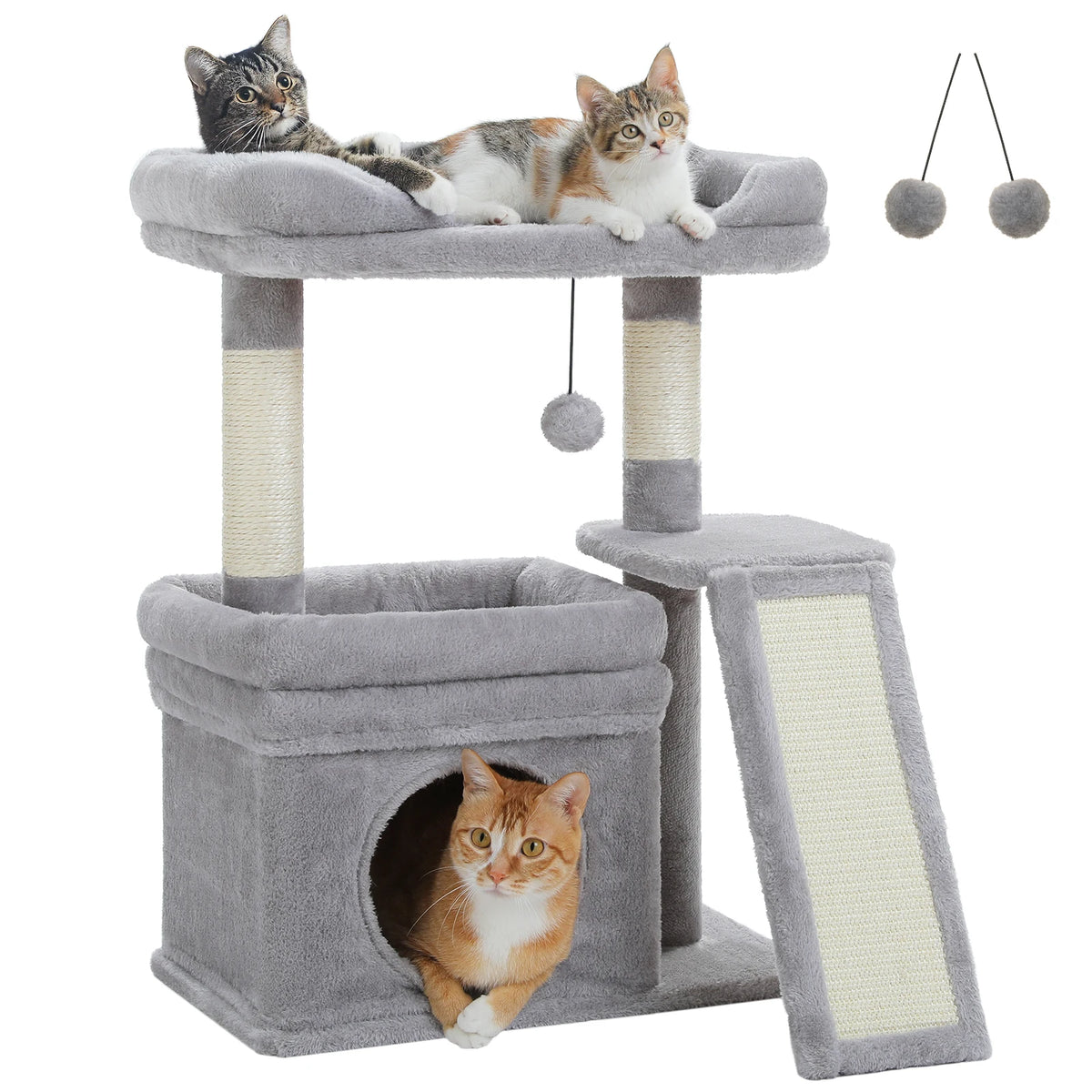 A gray cat tree with sisal scratching posts and cozy perches, featuring a perch for a cat to rest.