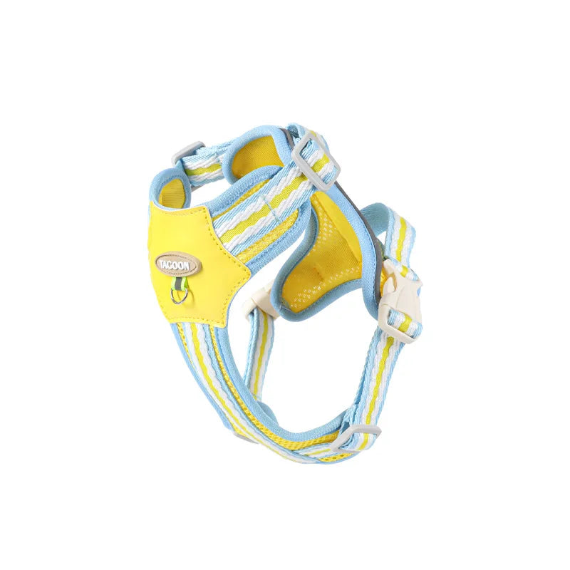 Yellow and light blue adjustable dog harness with reflective stripes