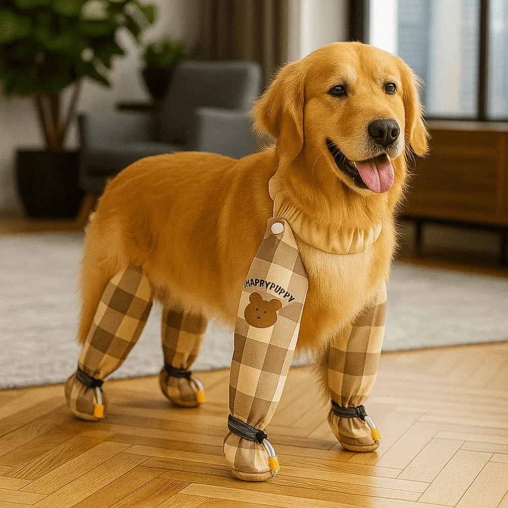 A golden retriever wearing adjustable reflective pet strolling pants standing on a wooden floor.