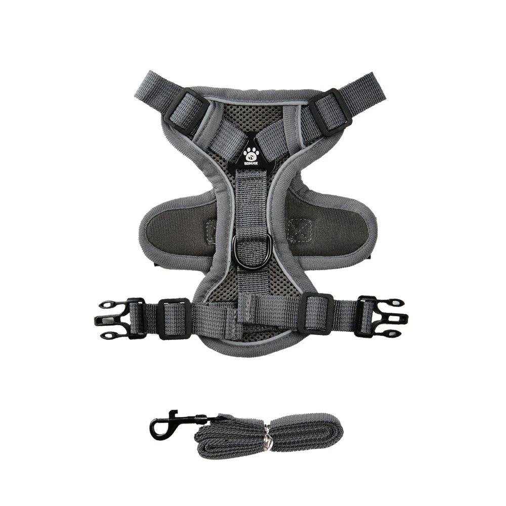 Gray reflective adjustable dog and cat harness with attached leash