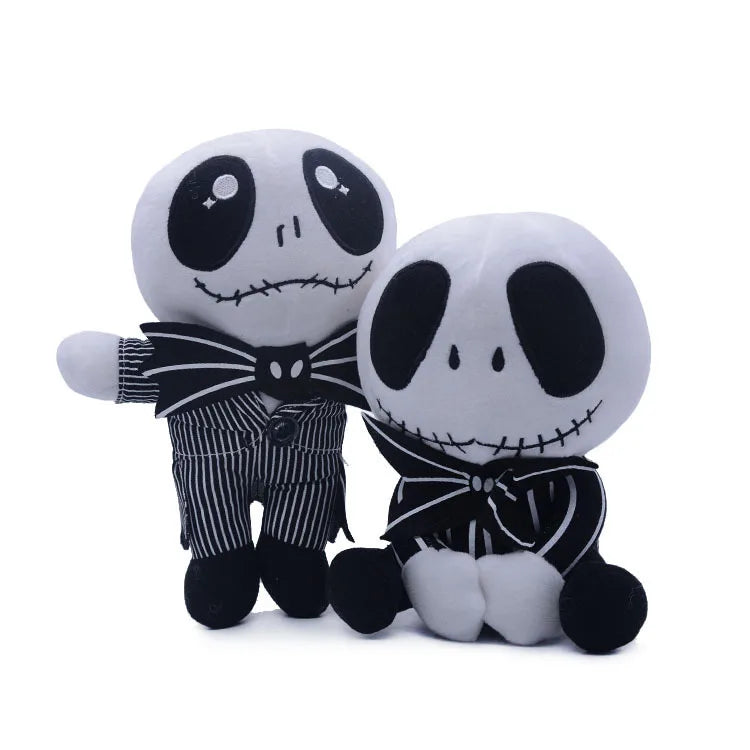 A plush toy of a cartoon skeleton dog with black and white features and striped clothing.