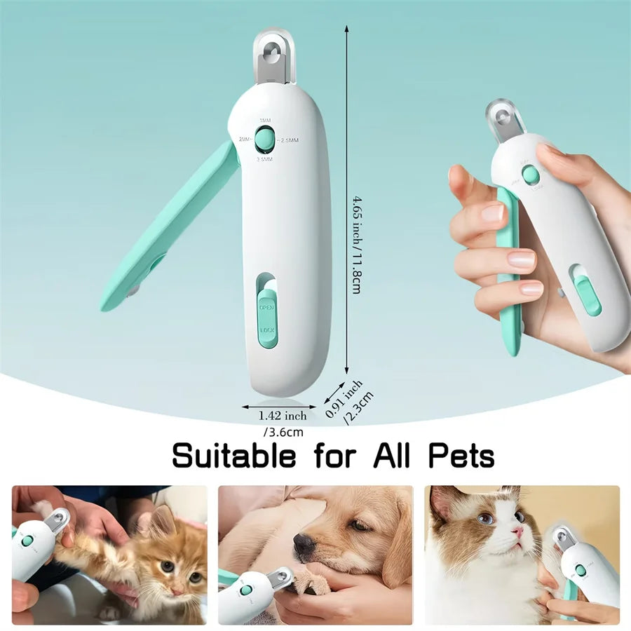A white interactive cat sounding toy with a green attachment is shown alongside various pets.