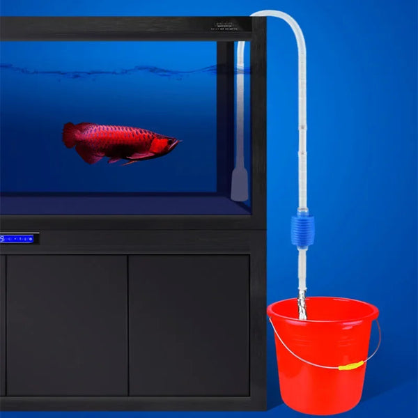 A red fish is visible inside an aquarium tank being cleaned by a white siphon tube connected to a red bucket.