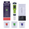 A multifunction pen type water quality meter device and its operation manual with buffer powder packets.