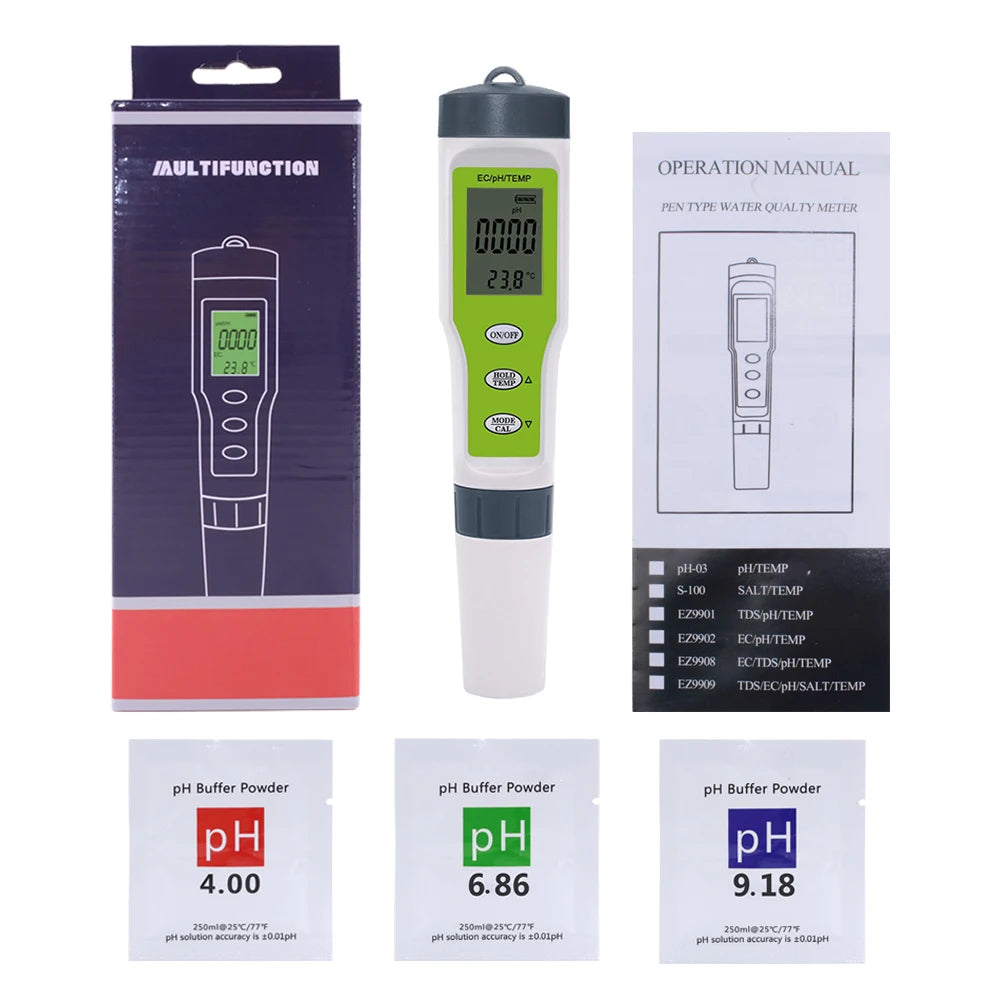 A multifunction pen type water quality meter device and its operation manual with buffer powder packets.