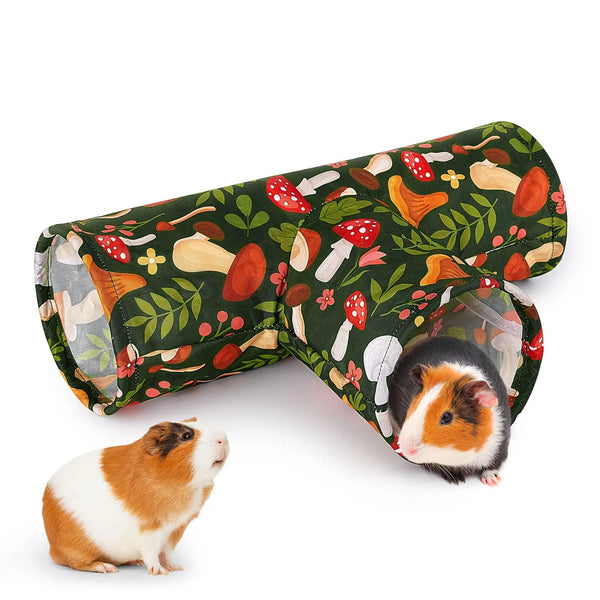 A pet tunnel made of dark green fabric with colorful floral patterns, shown next to a guinea pig.