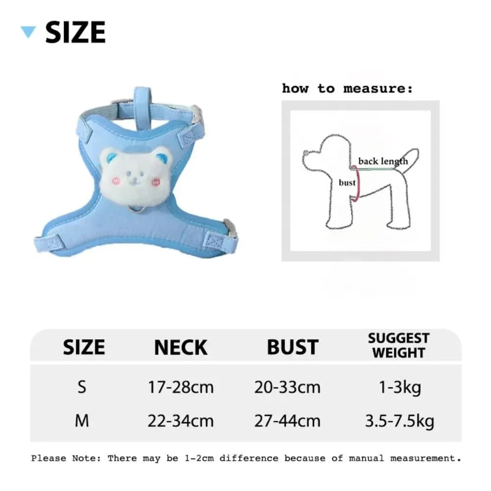 A size chart for a cute animal walking harness and leash set showing measurements for small and medium sizes.