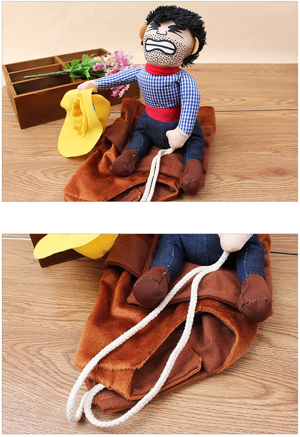 A stuffed dog costume jacket with a cowboy theme is shown lying on a wooden surface.