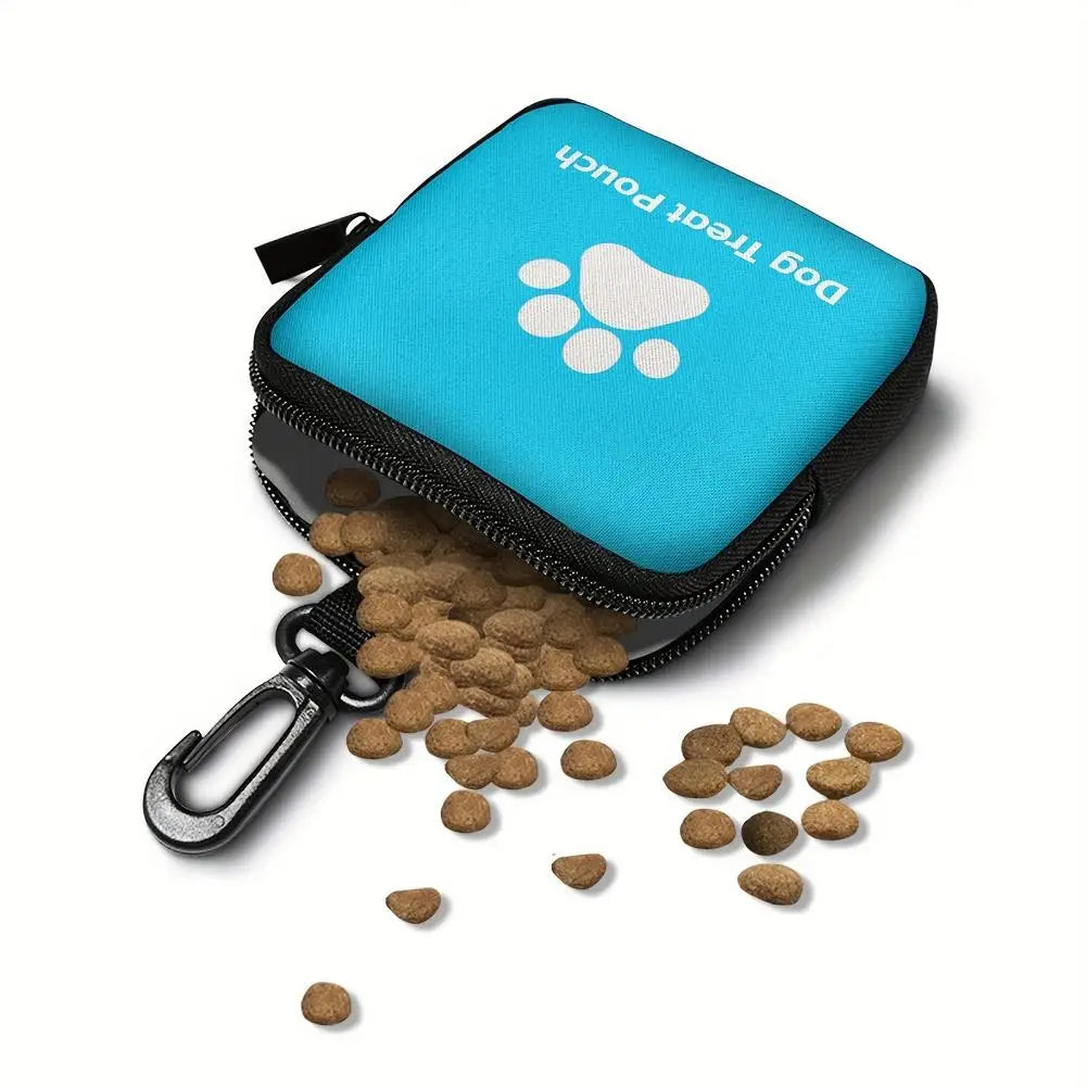 A bright blue dog treat pouch with a black zipper and a leather belt, alongside scattered dog treats.