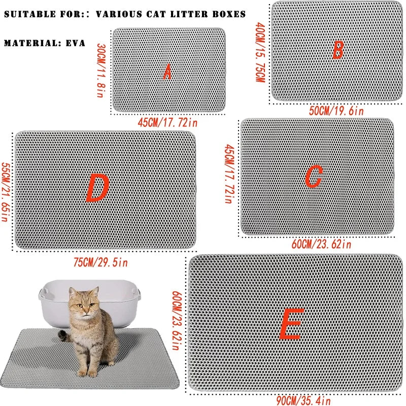Various sized cat litter boxes shown as mats with different dimensions and anti-slip bases.