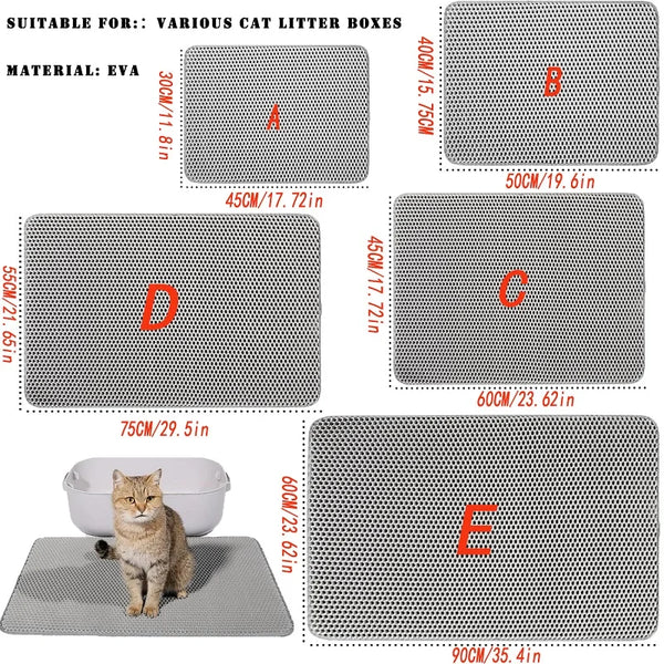 Various sized cat litter boxes shown as mats with different dimensions and anti-slip bases.
