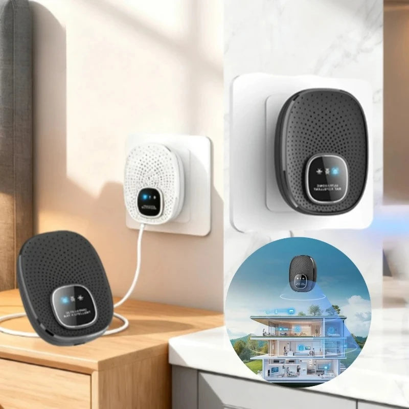 A rechargeable ultrasonic rodent repeller device is shown mounted on a wall, with another unit visible nearby.