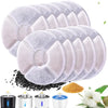 A stack of white replacement filters for pet water fountains next to various fountain components.