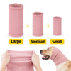 Three sizes of pink soothing dog calming earmuffs labeled Large, Medium, and Small shown next to a dog.