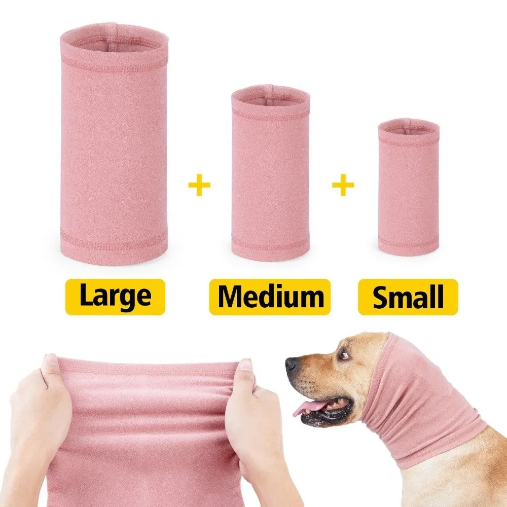 Three sizes of pink soothing dog calming earmuffs labeled Large, Medium, and Small shown next to a dog.