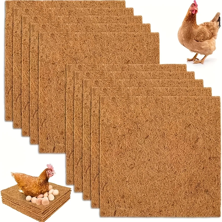 A stack of natural coconut coir nesting liners for chicken coops with a live hen visible.