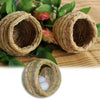 A natural straw bird nest for pet avians shown in various sizes and textures on a burlap background.