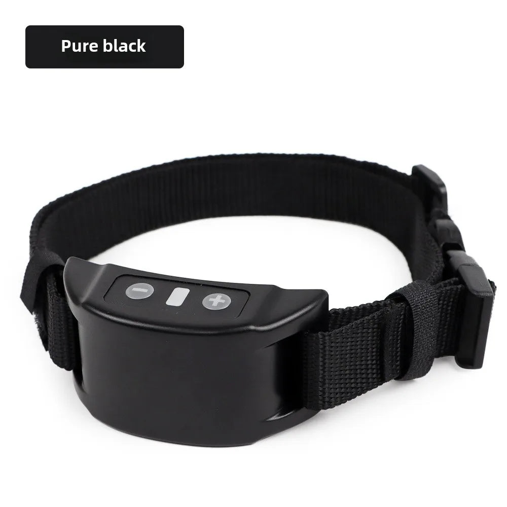 A black USB rechargeable dog bark collar with a padded strap and control buttons.