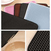A collection of black and light blue double-layer cat litter mats shown in various angles and colors.