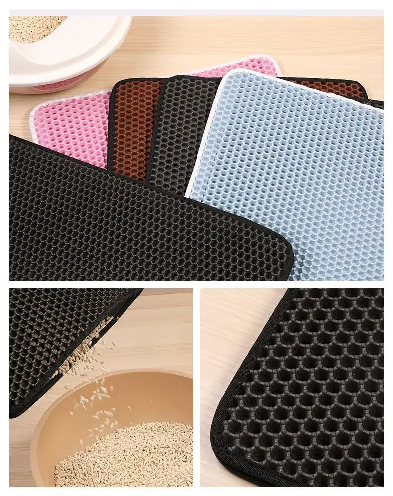 A collection of black and light blue double-layer cat litter mats shown in various angles and colors.