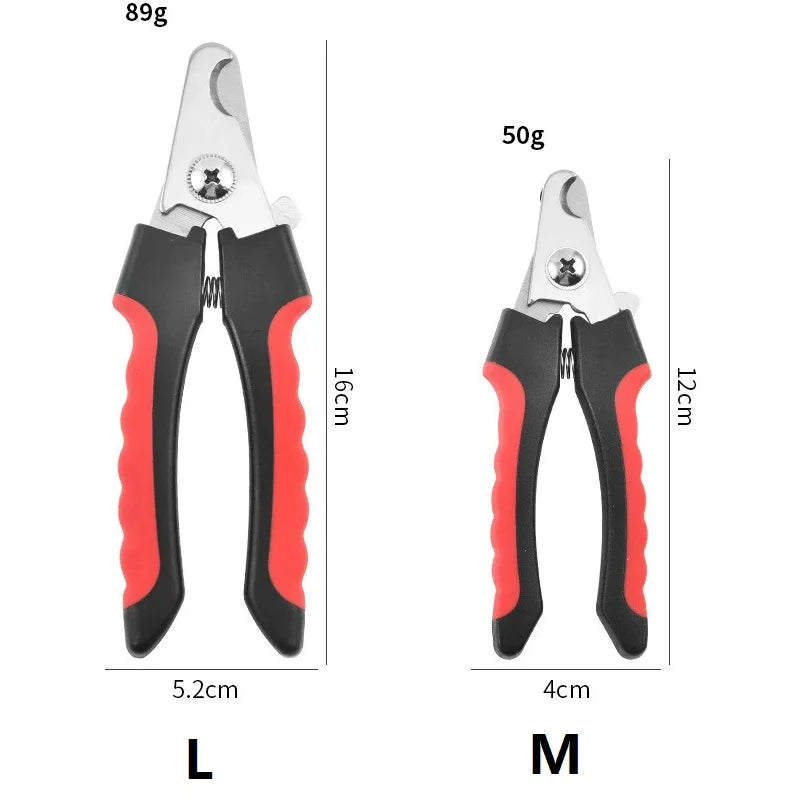 Vergleich von schweren Nagelschere für Haustiere in Größen L (89g) und M (50g), mit Darstellung der Länge und des Gewichtsunt