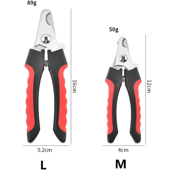 A comparison of heavy duty pet nail clippers in sizes L (89g) and M (50g), showing the difference in length and weight.