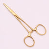 A pair of gold-toned surgical forceps with fine tips and circular jaws.